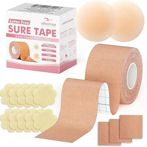 Women's Bra Accessories Albatross Health Sure Petals Breast Lift Tape & Nipple Cover Kit for A-C Cup, Includes 2" Tape Roll, Silky Satin Petals, Smooth Silicone Covers, Skin Test & Clothes Compatibility, Seamless