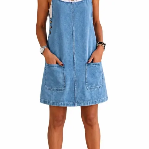 Imily Bela Women's Sleeveless Casual Denim Dress Crewneck Vintage Overall Mini Dress with Pockets