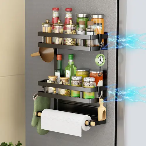 【Holiday Deals】San Dream 2-Layer Metal Rectangle Magnetic Spice Rack Shelf Organiser, Moveable with 4 Utensil Hooks, Magnetic Hold Keeps Setup Simple, Kitchen Accessories for Refrigerator Home Goods House Organizers