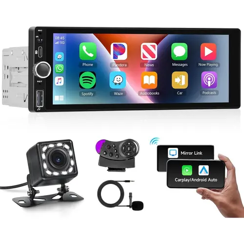 Single Din Car radio with Wireless CarPlay/Android Auto, Bluetooth Handsfree Car Radio 6.86 Inch IPS Touch Screen Single DIN MirrorLink FM/EQ/AUX/USB/SWC/Type-C with Camera MIC,SummerVibes, Car Audio, Touchscreen Car Radio, Aftermarket Stereo Car Video Pl