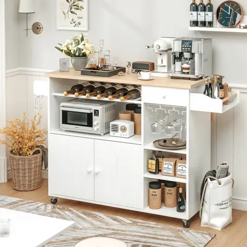 【Drop-Leaf & Drawer】 IRONCK Rolling Kitchen Island Serving Cart on Wheels with Wine Rack, Microwave Rack, Drawer, Shelves, Spice Rack & Cup Hangers for Kitchen Use