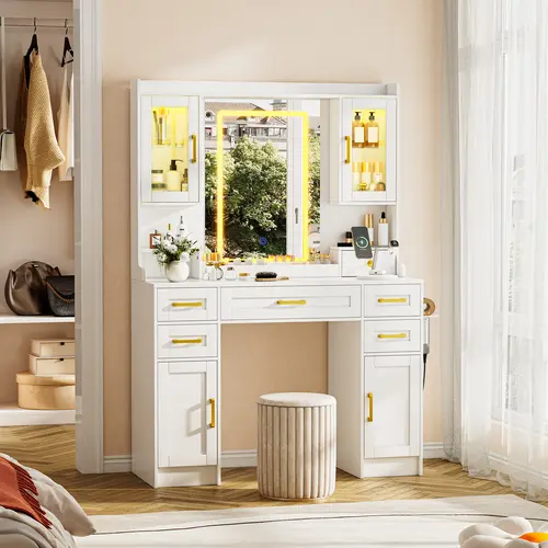 LHBcraft Makeup Vanity with 16 RGB Colors LED Lights, Adjustable Dressing Table with LED Lights, Vanity Mirror Desk with Ample Storage& Charging Station