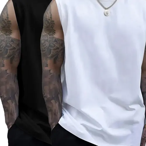 Men's Fashion Casual Plain Round Neck Wide Shoulder Vest Two-Piece Set, Loose-Fitting Top Without Collar or Zipper, Stylish and Simple Design, Sleeveless Vest Tops