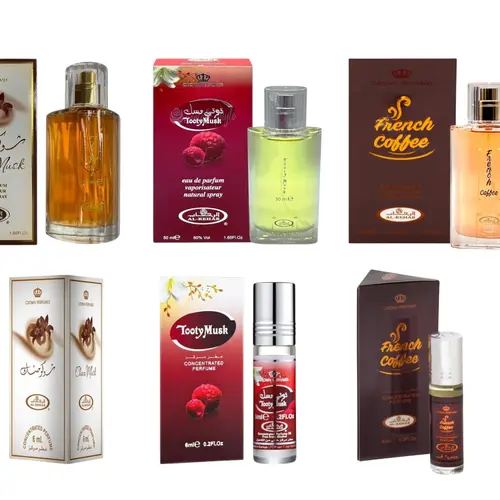 (6pc Bundle Pack) 50ml Choco Musk + Tooty Musk + French Coffee Perfume Spray + 6ml Choco Musk + Tooty Musk + French Coffee Perfume Oil Roll-On by Al-Rehab