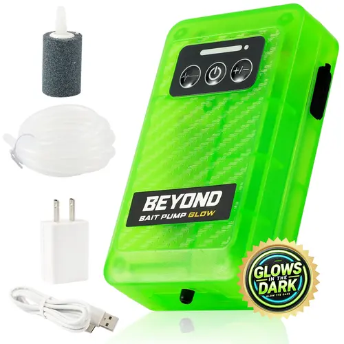 Beyond Bait USB Rechargeable Pump - Portable Glow-in-Dark for Night Use Bubbler, 4-Speed Fishing Aerator with XL Air Stone, Water-Resistant, Keeps Bait Alive Longer, Portable for Easy Carry