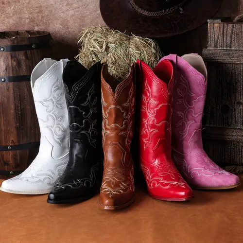 【Clearance Sale】IUV Women's Western Cowgirl Boots -FINAL SALE- Western Style Embroidered Pointy Toe Mid Calf Cowboy Boots, PU Leather Upper, Rubber Sole, 2.0 Inches Heel, Comfort Lining - LIMITED SIZES LEFT | Summer Vibes