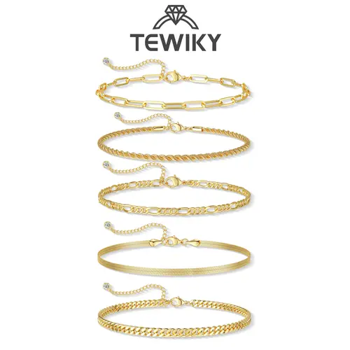 Tewiky Women's Stackable Cuban Link & Paperclip Chain Bracelets Set - Waterproof, Thin Dainty, Bling Dopamine Cute Accessories, 2.5 Inches Extender, Everyday Wear Chain Jewelry Bracelets & Bangles, Fashion Gift for Maximalist Enthusiasts