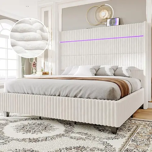 AMERLIFE Modern LED Bed Frame with Charging Station, Corduroy Upholstered Platform Bed with 60" Tall Wingback Headboard/No Box Spring Needed/Luxury Furniture Home Design/Queen/King Size/Best Gift Ideas/Christmas Gifts[tiktokshopbacktoschool][SohoChic]