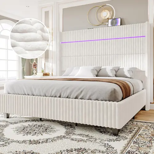 Amerlife King Size Modern Platform Bed Frame - Corduroy Upholstered, 60" Tall Wingback Tufted Ergonomic Headboard, LED Lights, Charging Station, No Box Spring Needed, Metal, Apartment Furniture, 1h 2-Person Setup, No Fire Safety Label #homemakeover