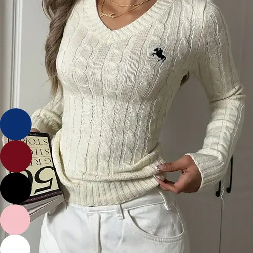 Women's Horse-Embroidered Classic V Neck Embroidery Sweater Pullover, Casual Long Sleeve Jumper for Spring & Fall, Fashion Women's Knitwear Tops for Daily Wear, Womenswear