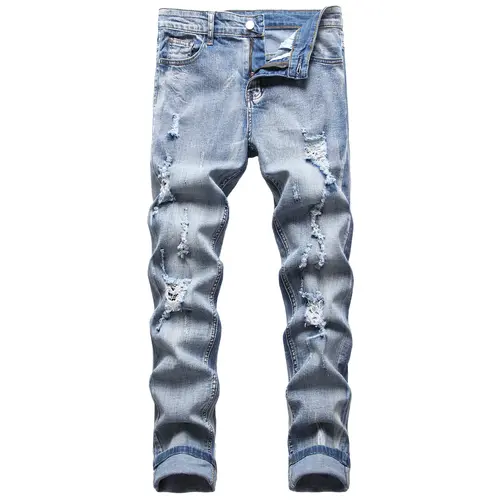 JUNBAOSS Men's Slim Fit Stretch Jeans Ripped Skinny Jeans for Men, Distressed Straight Leg Fashion Casual Popular Chic Comfort Flex Waist Denim Pants, Menswear Classic Street Style Cotton Fabric Jean Natural Hipster Personalized Stylish Jeans with Pockets