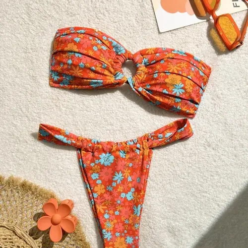 Two-Piece Set Women's Floral Print Bandeau Bikini Set, Casual Fashion Chic Strapless Swim Top & Swim Bottom Swimsuit for Beach Holiday Vacation, Ladies Swimwear for All Seasons, Flower Bikini Sets, Bikini Swimsuit Outfit