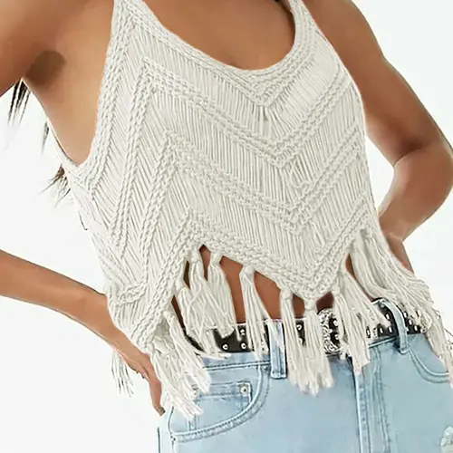Women's Plain Fringe Trim Fitted Cami Top, Trendy Top, Casual Style Sleeveless Top for Summer, Fashion Womenswear Women's Knitwear for Daily Wear, Boho Bohemian Casual, Camisole Vest