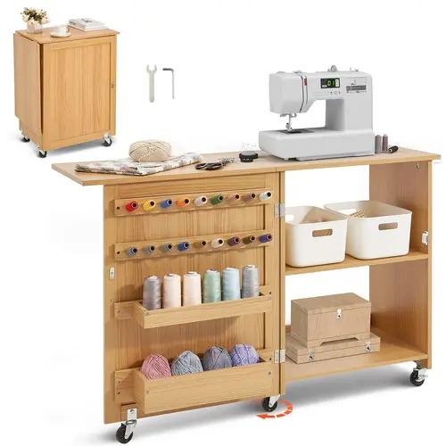 【toolupgrade】Glossy Classic Wooden Multifunctional Sewing Cabinet - Lightweight Living Room Decor, Lockable Wheels, Shelf+Tray Storage, MDF/PB Boards, Magnetic Lock Door, Folding Table, Wipes Clean Fast, Sewing & Craft Supply Organizer, Crafts, Foldable