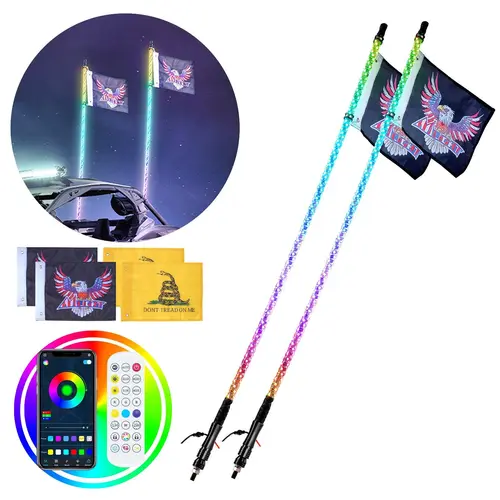 【DealsForYouDays】VEVOR 2 PCS 4 FT LED Whip Lights, APP & RF Remote Control, Waterproof 360° Spiral RGB Light Effect, 370 Modes, DC12-24V, Bluetooth Connectivity, 4 Flags for UTVs, Off-Road Vehicles