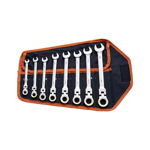 VEVOR 8-Pcs 8-Size SAE Adjustable Wrench Set (5/16"-3/4"), 180° Adjustable Head, 72-Tooth Ratchet Spanners & Wrenches, Chrome Vanadium, Roll-Up Bag, Car Tools for Mechanic, DIY Projects