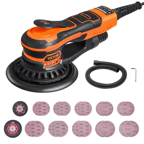 【toolupgrade】VEVOR 5-6 Inch Random Orbital Sander & Polisher - 350W Brushless Motor Power Tool, 6 Variable Speeds Up to 10,000 RPM Ergonomic Electric Palm Sander, 20 PCS Sandpapers, Dust Connector & Hose, Instant Stop, for Woodworking Detailing (Father's
