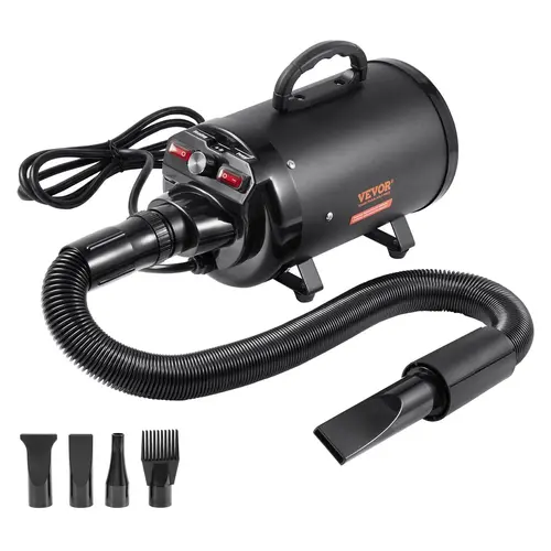 【toolupgrade】VEVOR Portable Dog Hair Dryer, 2000W/2.7HP Pet Grooming Dryer with Quick Drying, Safe Heating, Adjustable Speed-Temperature Control, 4 Nozzles, Extendable Hose, Metal Housing, Auto Shut-Off, Black, Heat Protection