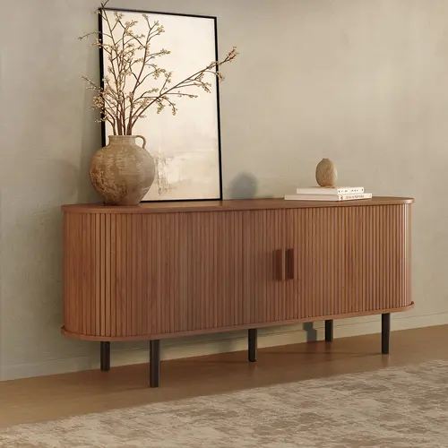 【Sliding Doors Design】ONBRILL 55"/63"/71"/81" Gorgeous Fluted TV Stand for TVs up to 60/70 Inch, Modern Entertainment Center with Power Outlet & Adjustable Shelves Storage for Living Room, Media Console,Bedroom Furniture,Christmas Gift【SummerFinds】