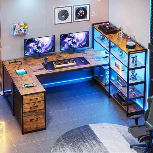 Sikaic 64.5-Inch Reversible L-Shaped Multi Functional Gaming Desk with Drawers, 5-Tier Shelves Keep Work Sorted, Metal Frame, Power Outlets, LED Lights, Computer Office Desk for Work from Home