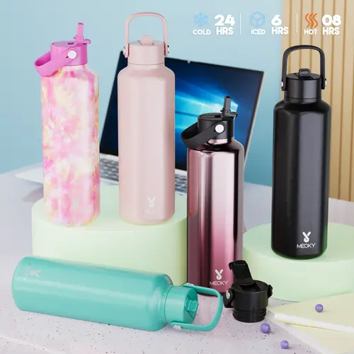 【Meoky】24oz Hexagonal Stainless Steel Insulated Flask Tumbler - Soft Silicone Handle, Multi-function Leakproof Non-slip Lid, 8h Warm/24h Cold Insulation, Floral Modern Design, Back to School Office Travel Insulated Travel Drinkware, Flasks, Water Bottles