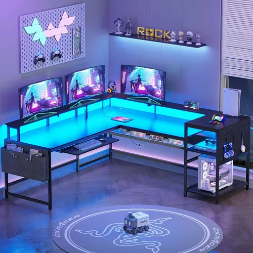 Sikaic L-Shaped Gaming Desk - Adjustable Metal Frame Desk with LED Lights, Power Outlets, for Gaming, Home Office, Studio Setup