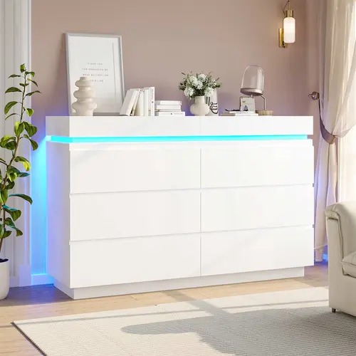 Sikaic Bedroom LED Dresser with Charging Station, Sliding Desktop & 6 Handle-Free Drawers, Room Storage Drawer Chest for Indoor Cabinets Furniture Organization