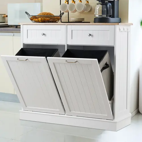 AHB Modern Freestanding Double Tilt-Out Trash Cabinet - MDF Wood Floor Standing Cabinet with Sturdy Base, Hideaway Drawers, 2x13-Gal Pet-Proof Bins, Top Holds Microwave, Single Unit for Kitchen Organization, #SohoChic