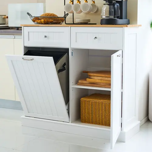 AHB 13-Gal Free-Standing Tilt-Out Trash Cabinet - Durable Indoor Furniture Storage Cupboard, Pet-Proof, Multi-Use Compartment, Movable Interior, Hideaway Drawers, Shelf, Modern Design for Apartment Laundry/Coffee Bar (No Trash Can Included), #SohoChic