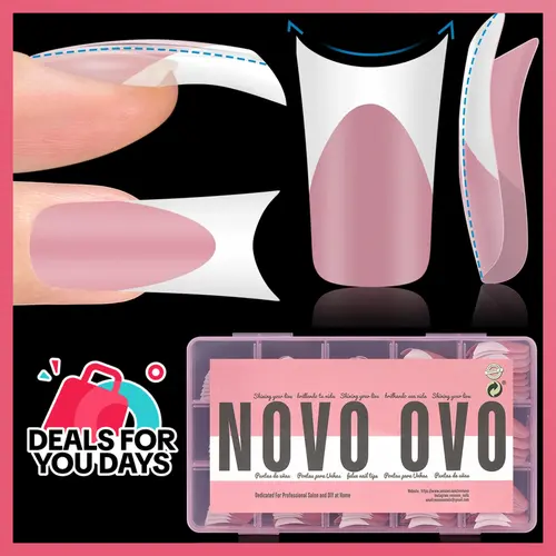 NOVO OVO White French Tip Medium Duck Press-On Nails, Full Cover Moon Curve Extra-Thick Pre-Etched Matte Flare Wide Soft Gel Acrylic Extensions (15 Sizes, 150 Pieces) for Nail Art Design, Includes Box (Does Not Include: Light, Glue, Builder Gel)