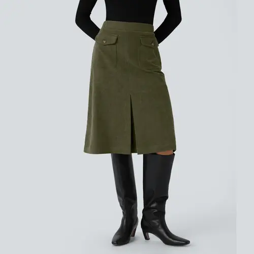 Halara Mid Rise Front Side Flap Pocket Midi Corduroy Casual Skirt #BackToSchool