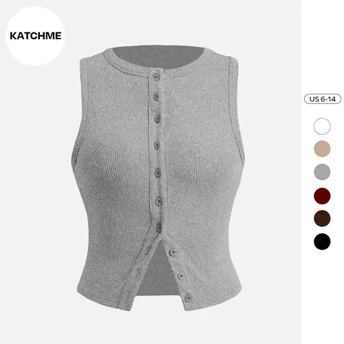 KatchMe Women's Minimalist Solid Color Round Neck Sleeveless Button-Up Tank Top, Basic Casual Top for Lady, Versatile Womenswear, Stretch Top for Daily Wear