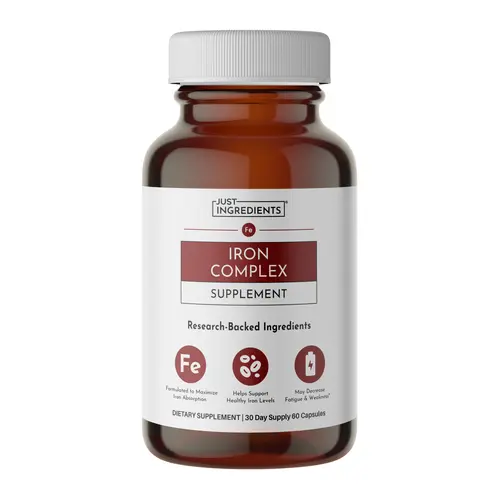 Just Ingredients Iron Complex Supplement with Ferrochel Vitamin C & Probiotics for Optimal Iron Absorption and Gut Health