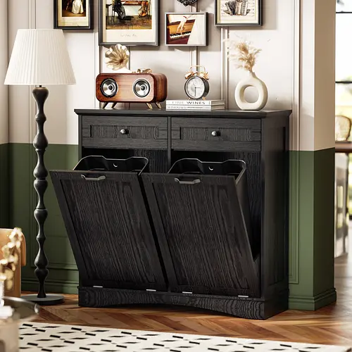 AHB Classic Freestanding Double Tilt-Out Compact Engineered Wood Floor Cabinet - Pet-Proof Concealed Trash Can Holder, Hidden Design Dual Compartment (2x13 Gal), Hideaway Drawers, 39.76"l x 13.58"w x 38.58"h for Kitchen, Laundry (Trash Can Not Included),