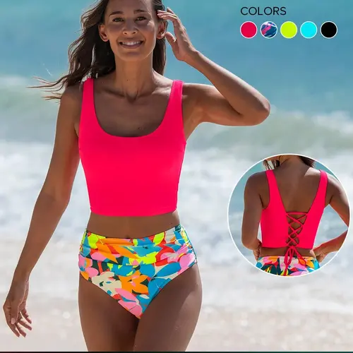 POPVIL Women's Floral Print 2-Piece Tankini Swimwear Set - Sweet U-Neck Vest Top with Back Tie, Tummy Control High-Waisted Bottoms, Bathing Suit