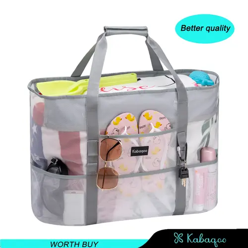 KABAQOO Women's Premium Mesh Beach Tote Bag - Synthetic Multifunctional Hanging Travel Toiletry Bag, 9-Pocket Order, Waterproof Zippered, Adjustable Crossbody Hands-Free, Double Handle, Ideal for Beach & Pool Use, Striped