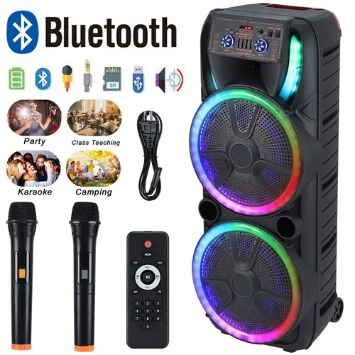 Dual 15 inch Karaoke Speaker System W/ 2 Microphone Portable Party Box Speaker Wireless Bluetooth Stereo Rechargeable Remote Control LED Lighting