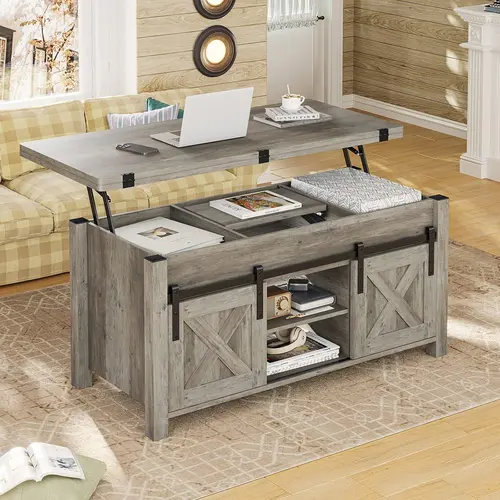 Sikaic 4-in-1 Multi-Use Coffee Table with Lifting Top - Modern Farmhouse Style, Converts to Dining Table, Oak Finish Living Room Furniture with Sliding Barn Doors Add Charm, Modern Farmhouse Tables