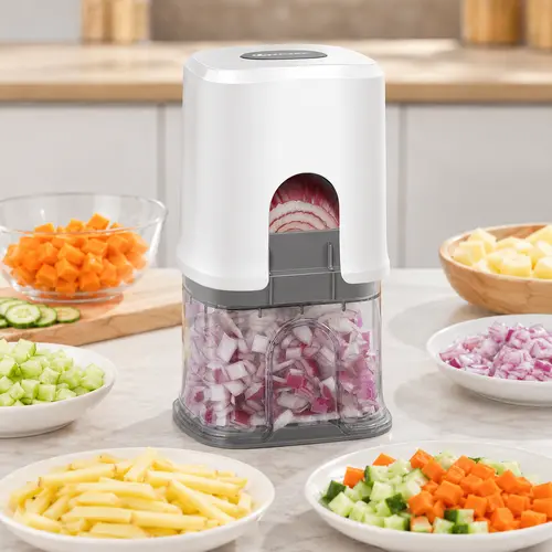 KEOUKE Manual Vegetable & Fruit Chopper - Durable Kitchen Cutting Utensils with Rectangular Base, 3 Interchangeable Blades, Container, Storage Box, Onion Dicer, Potato French Fry Cutter for Home Use, French Fry Cuts, Home Kitchen