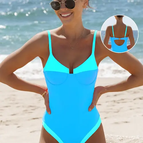 Popvil Women's V-Wire Neon 1-Piece Bathing Suit & Bikini Option - High-Waisted Tummy Control, Removable Breast Pad
