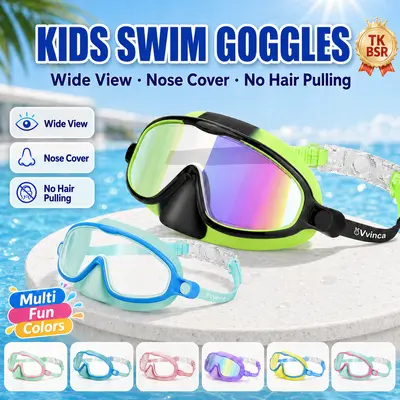 Vvinca Swim Goggles 2 Pcs with Nose Cover for Ages 3-6/6-12+ Kids,Youth,UV Protection Anti-Fog Wide View Anti-Shattered Lens for Boys and Girls - for Outdoor, Lake,Beach, Summer Party(Please refer to the size chart, it is not solely based on age.), Water