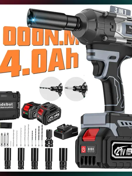 1000N.m Cordless Impact Wrench, All-Metal Cordless Impact Gun with 2 * 4.0Mah, 3-IN-1 Electric Impact Wrench with 5 Sleeves Power Tools