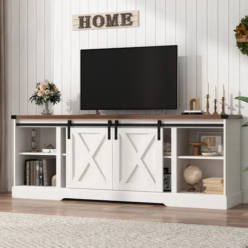 Farmhouse TV Stand for 70/75/80 Inch TV, 58/70 inch Entertainment Center Storage Cabinets with Sliding Barn Doors, Media Console Cabinet for Living Room, White/Grey/black