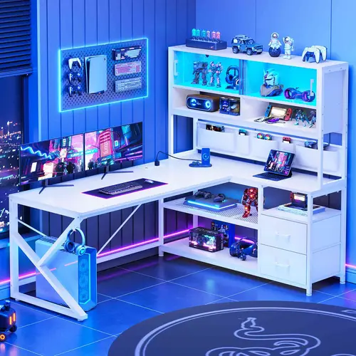 Sedeta LED L-Shaped Gaming Desk - Sturdy Metal-Wood Computer Desk with Large Storage, Glass Cabinet, Shelves, Modern Organizer for Dual Monitor Setup, Work From Home Office, L-Shape Game Setup Furniture