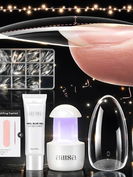 Aillsa 2.0 Built-in Curve Fit Clear Nail Tips Set, Mini UV Cure Lamp, 30g Strong Solid Nail Glue Medium Almond Full Cover Nail Extensions Thicker Acrylic Nails Pre-sculpted Press-On Nail gel x nail gift for Flat Nails DealsForYouDays
