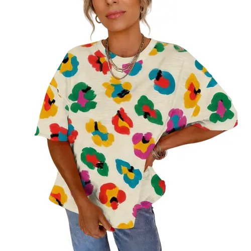 Asvivid Women's Leopard Drop Shoulder Loose Crewneck Shortsleeve Tee Casual Summer Top Tshirt Colorful Womenswear sohochic