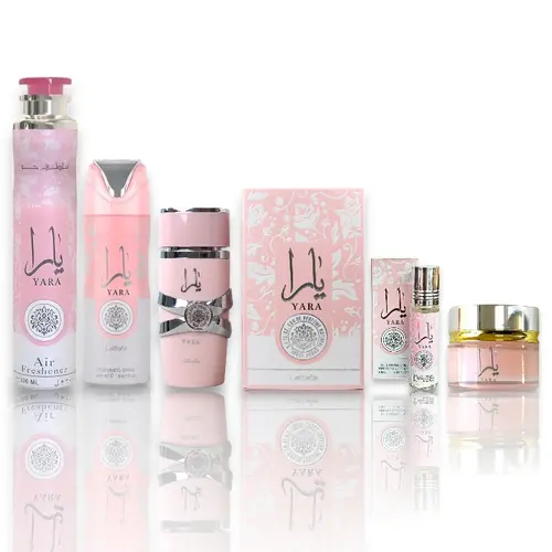 Lattafa Yara Multi-Pack Fragrance Set for Women - 100ml EDP Spray, 300ml Air Freshener, 200ml Body Spray, 10ml Oil, Cream - Orchid-Gourmand Accord, Sandalwood, Gourmand Vanilla - Love Gift