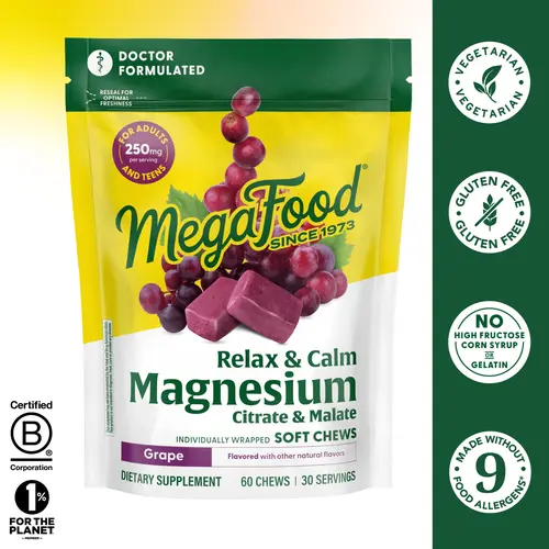 MegaFood Relax + Calm Magnesium Complex Dietary Supplement - Magnesium Citrate & Malate, Doctor-Formulated, Vegetarian, Grape Flavor Minerals for Selfcare - 60 Soft Chews (30 Servings)
