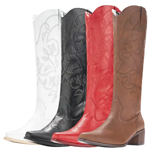 【Clearance Sale】IUV Western Cowgirl Boots for Women Pointy Toe Mid Calf Cowboy Boots with PU Leather Rubber Sole Classic Embroidery Design Side Zipper for Fashion Ladies Shoes on Festival Country Concert Party Outfits