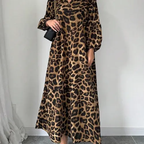 【Plus Size】 Leopard Print Notched Neck Casual Fashion Dress, Casual Classy Elegant Long Sleeve Bishop Sleeve Dress for Spring & Fall, Womenswear for Daily Wear
